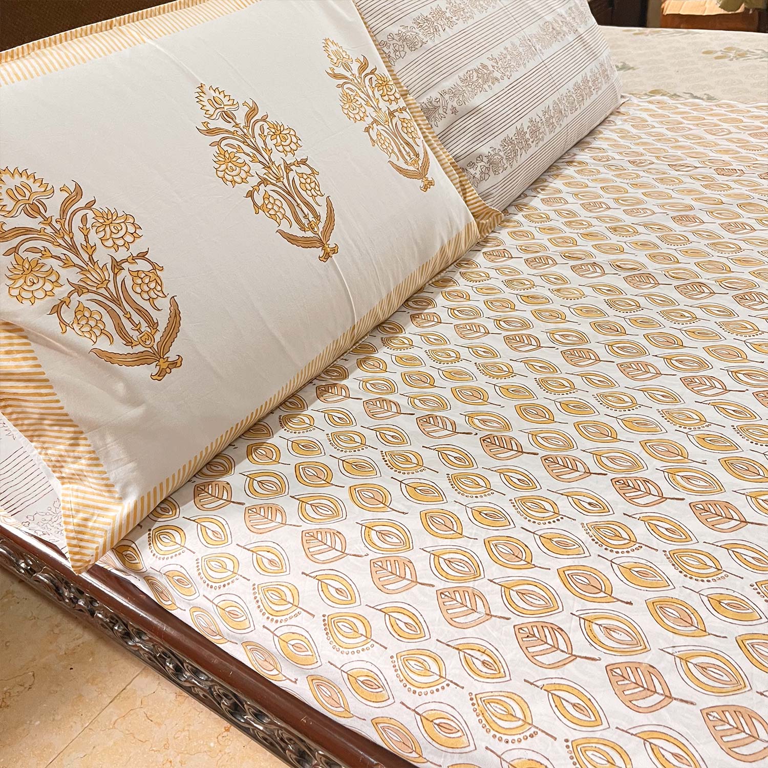 Yellow Floral Block Printed Cotton Double Bedsheet Set With 2 Pillow Covers - 108 inches x 108 inches