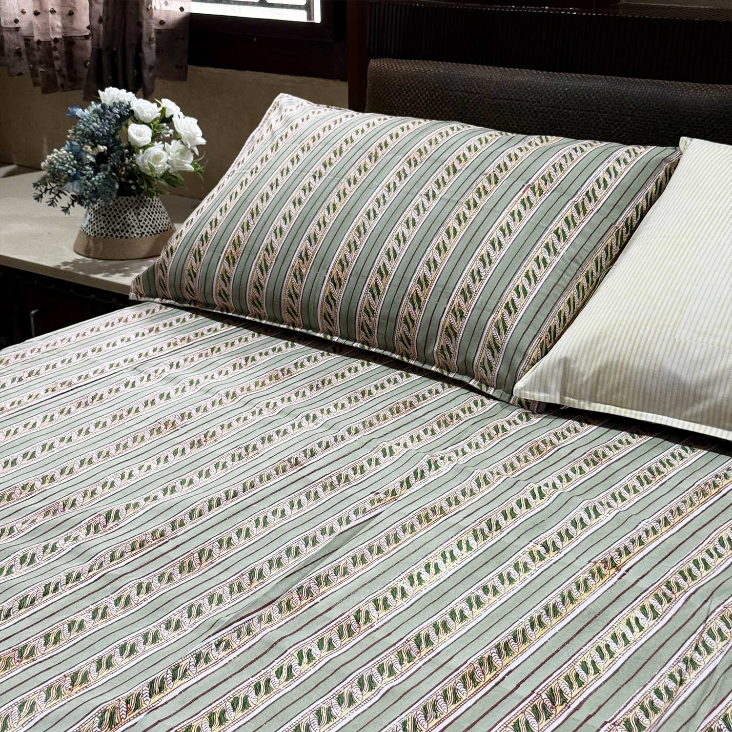 Green Line Pattern Cotton Printed Bedsheet -  100 inches x 110 inches