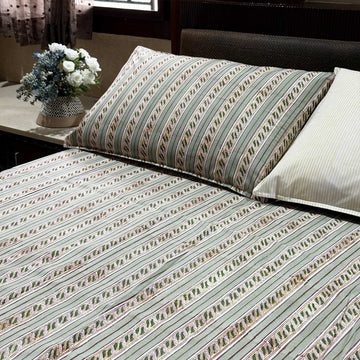 Green Line Pattern Cotton Printed Bedsheet - 100 inches x 110 inches
