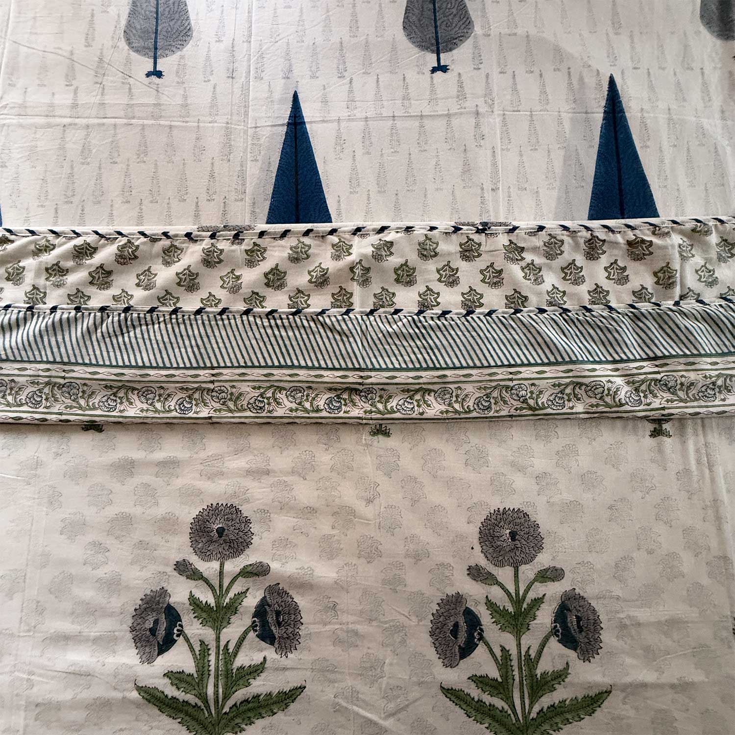 White & Blue Floral Printed Cotton Dohar - 100 inches x 110 inches