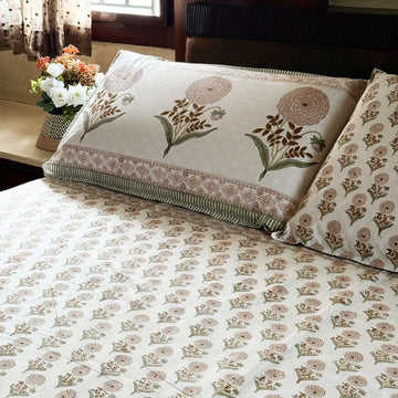 White & Peach Flower Cotton Printed Bedsheet - 100 inches x 110 inches