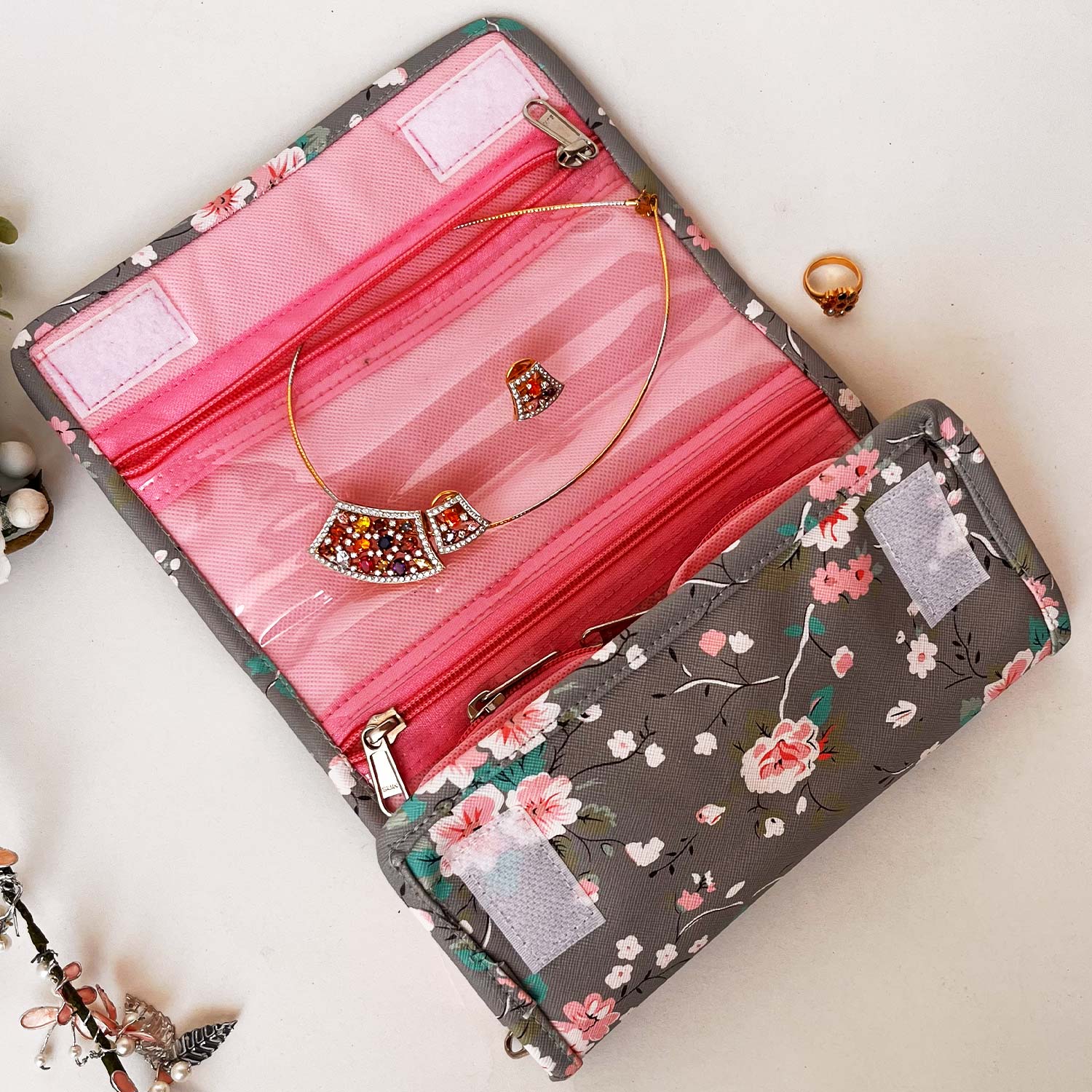 Travel Kits for Cosmetics and Essentials |  Toiletry Bag | Grey Brown Flower Design pouch