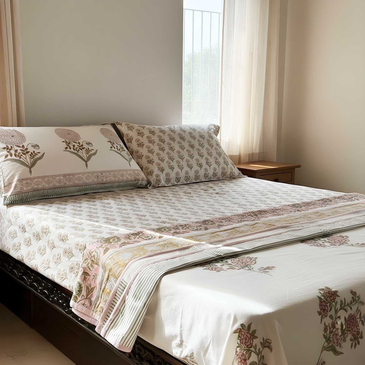 Peach & Pink Floral Pattern Cotton Printed Dohar - 100 inches x 110 inches