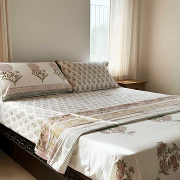 Peach & Pink Floral Pattern Cotton Printed Bedsheet - 100 inches x 110 inches