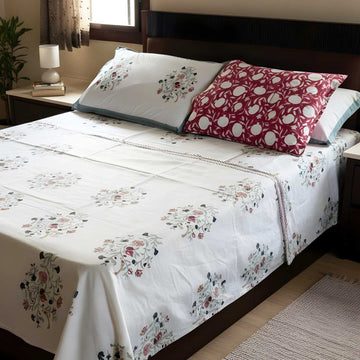 Peach & Dark Pink Floral Cotton Printed Bedsheet - 100 inches x 110 inches