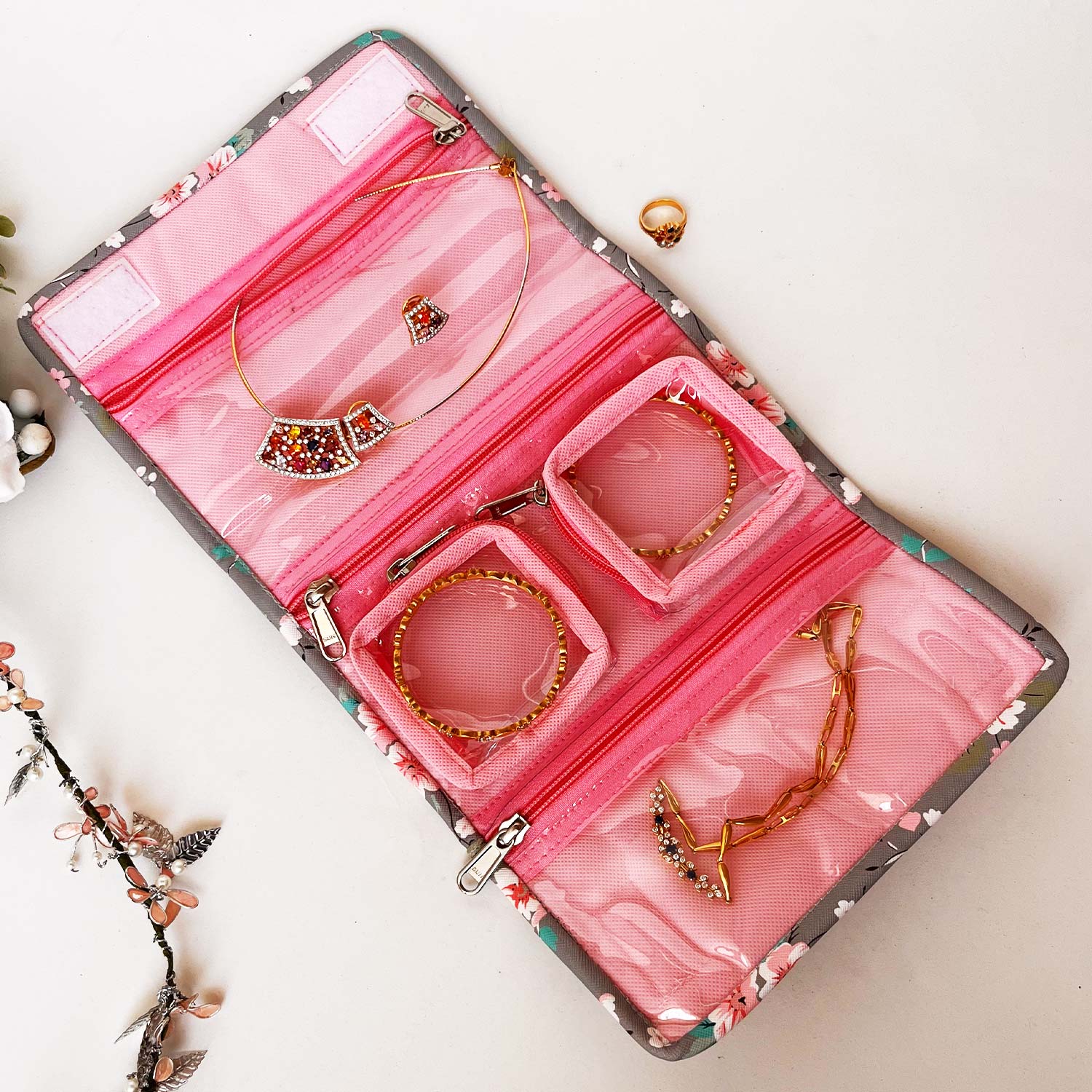 Travel Kits for Cosmetics and Essentials |  Toiletry Bag | Grey Brown Flower Design pouch