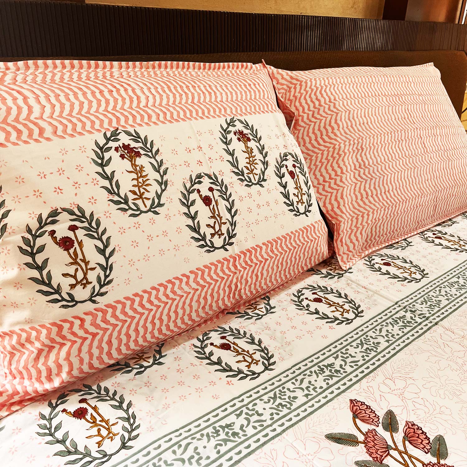 Orange Floral Block Printed Cotton Double Bedsheet Set With 2 Pillow Covers - 108 inches x 108 inches