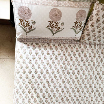White & Peach Flower Cotton Printed Bedsheet - 100 inches x 110 inches