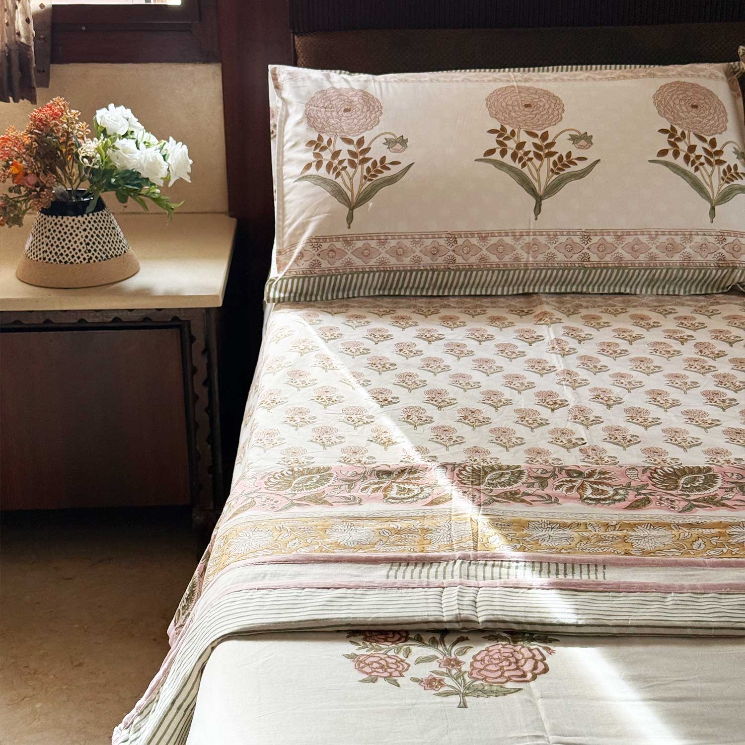 Peach & Pink Floral Pattern Cotton Printed Dohar - 100 inches x 110 inches