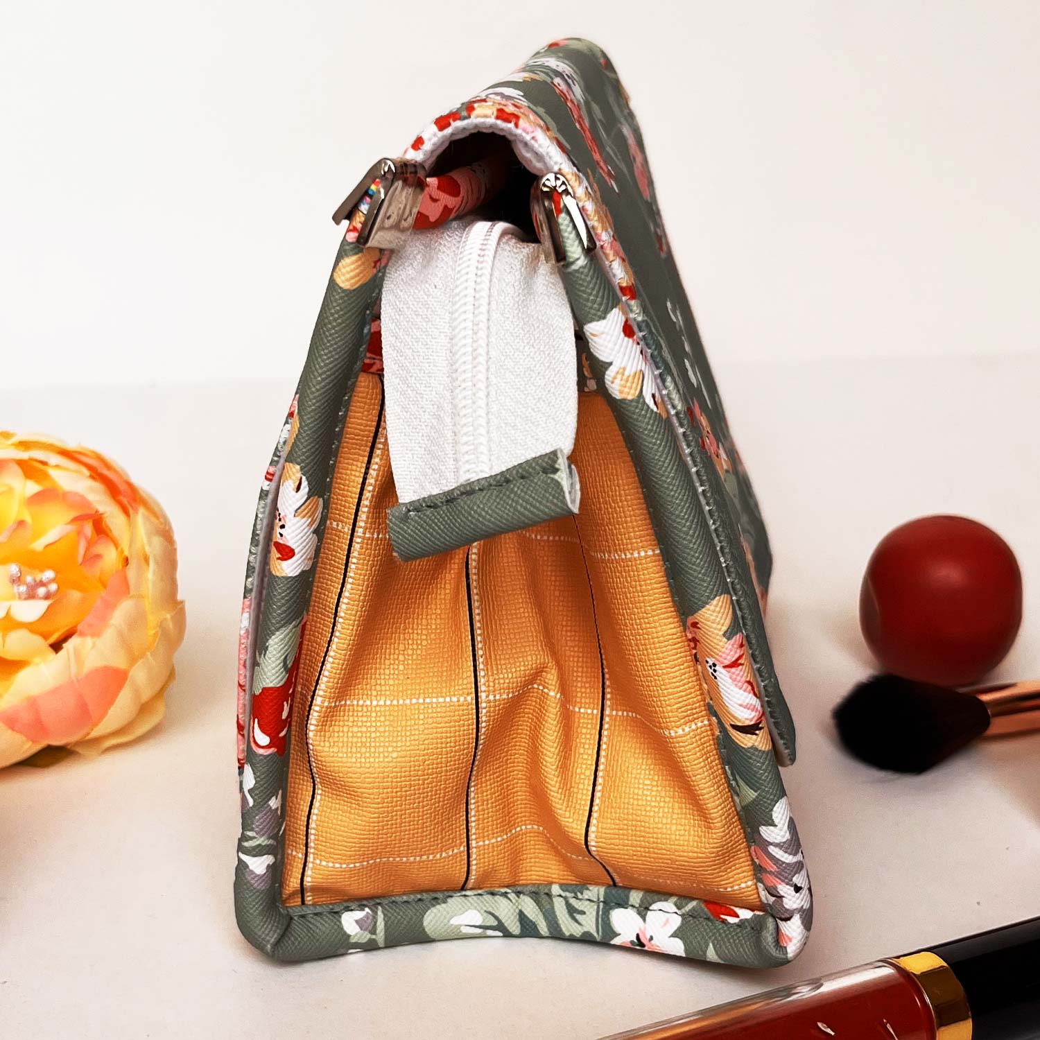 Travel Kits for Cosmetics and Essentials |  Toiletry Bag | Brown Olive Green Flower Design pouch