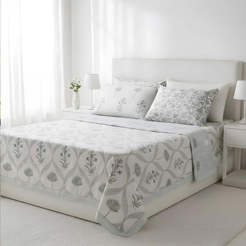 White Floral Block Print Cotton Printed Bedsheet - 100 inches x 110 inches
