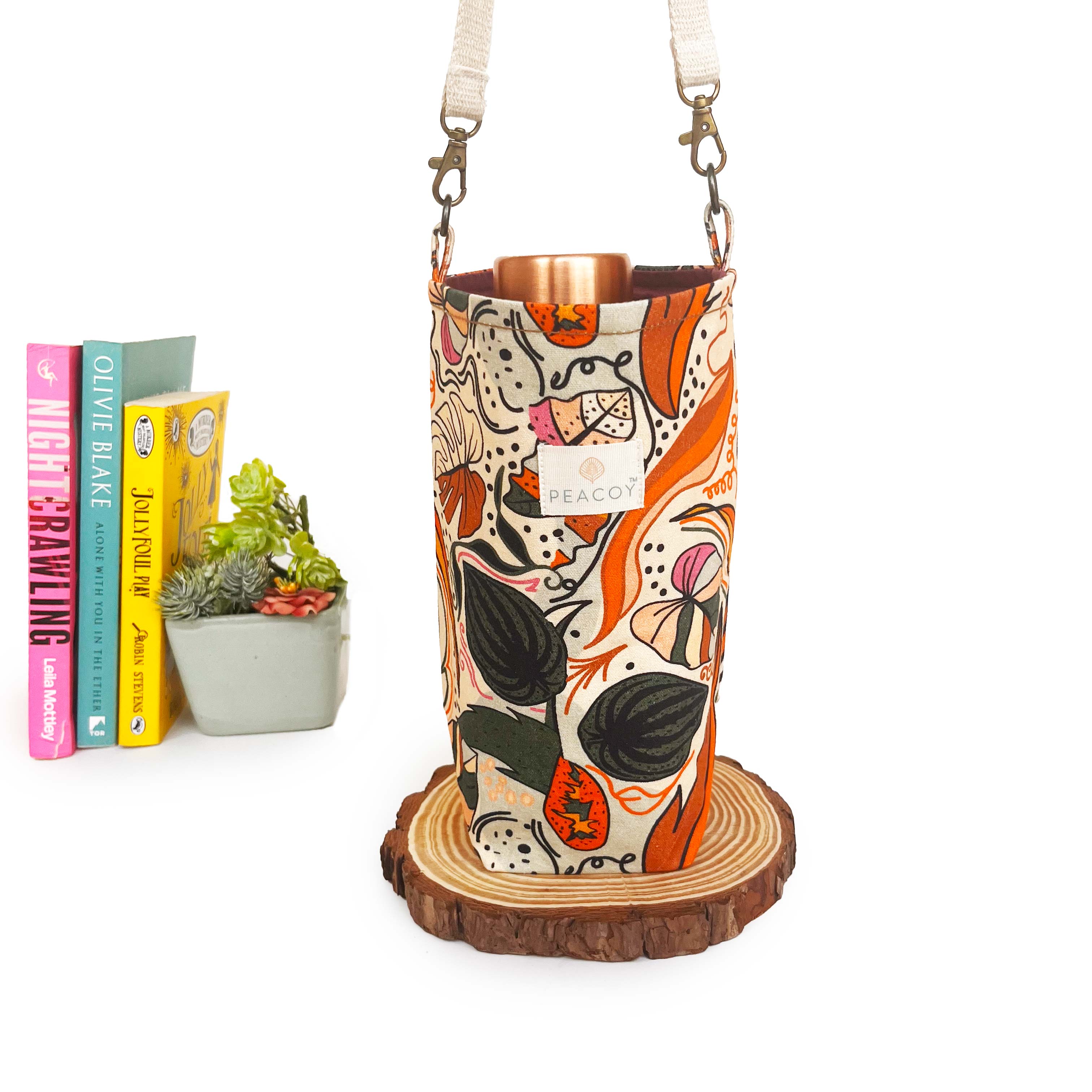 Topical Orange Leaves Pattern| Bottle Cover Cotton Canvas |13 x 6 inches | Peacoy