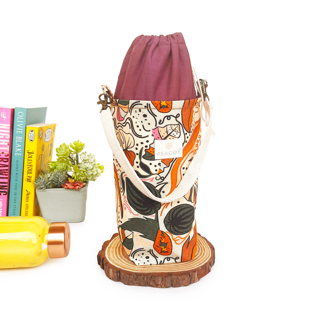 Topical Orange Leaves Pattern| Bottle Cover Cotton Canvas |13 x 6 inches | Peacoy