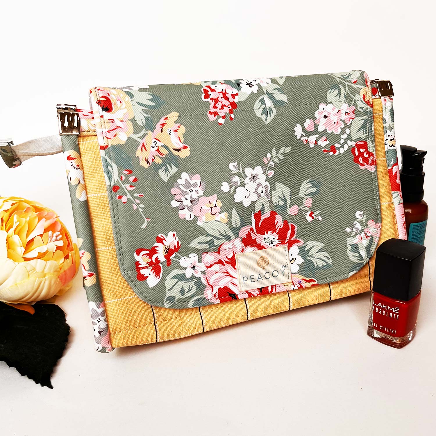 Travel Kits for Cosmetics and Essentials |  Toiletry Bag | Brown Olive Green Flower Design pouch