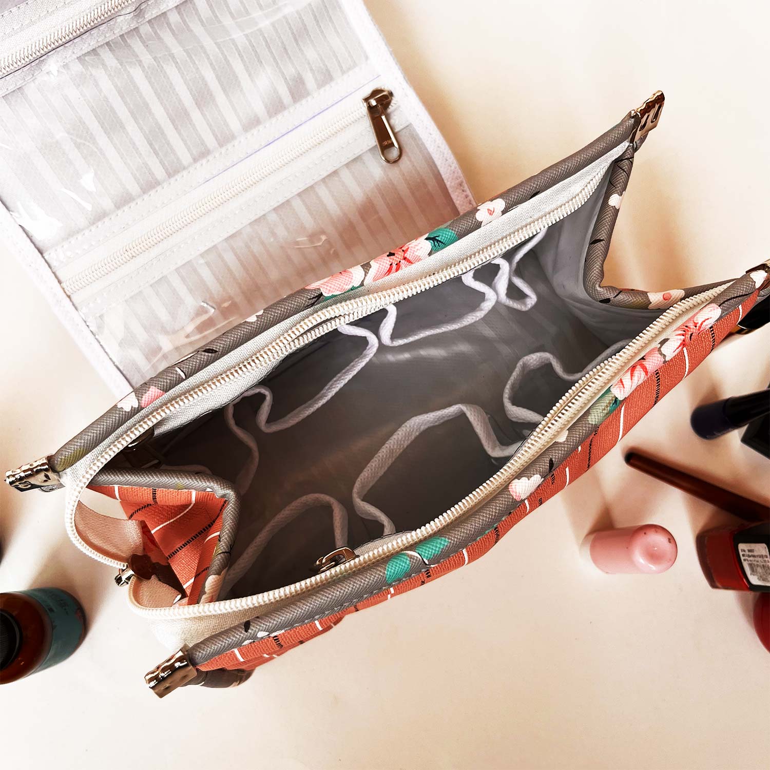 Foldable Travel Kits for Jewellery and Essentials | Grey Pink Flower Design pouch