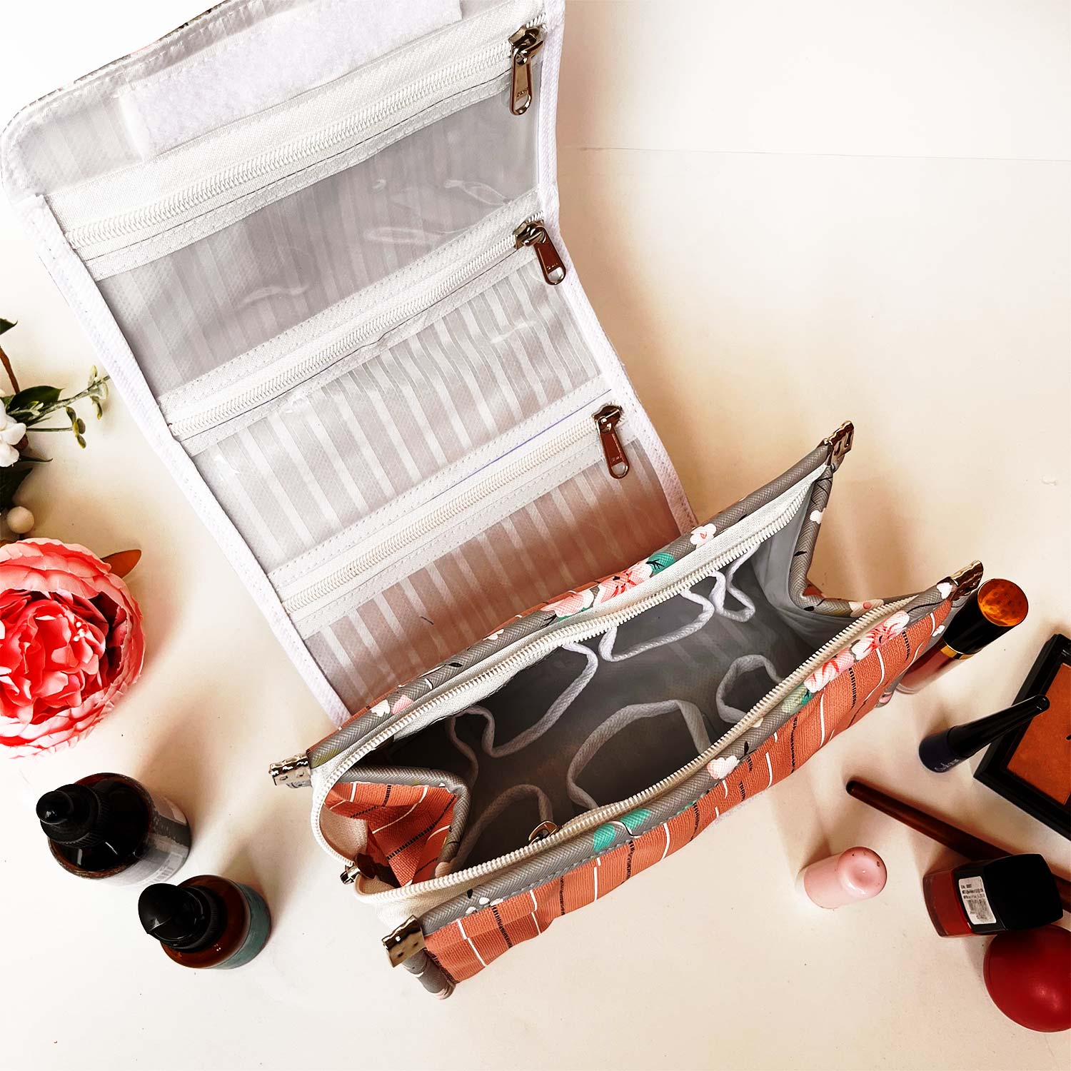 Foldable Travel Kits for Jewellery and Essentials | Grey Pink Flower Design pouch