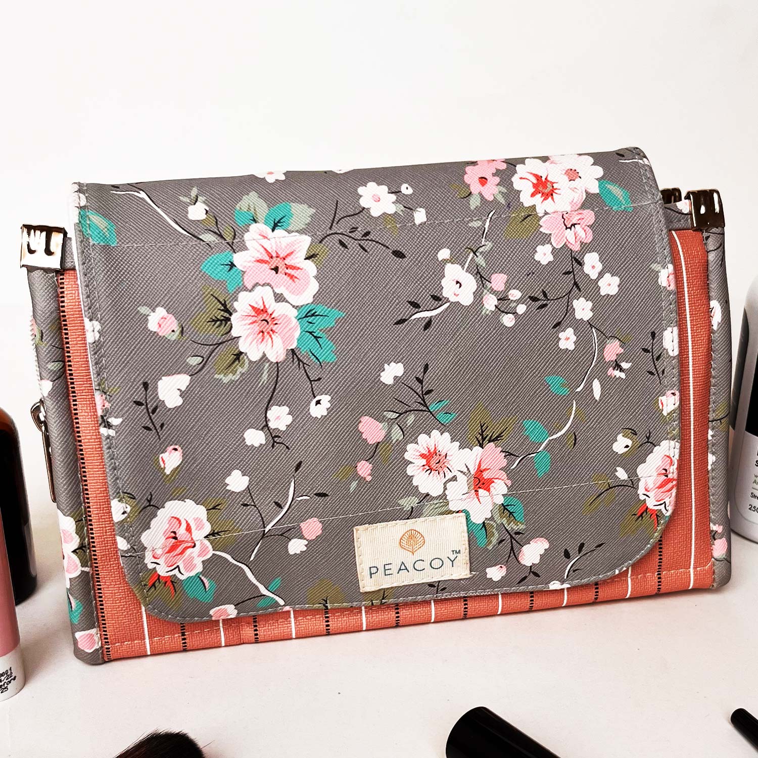 Foldable Travel Kits for Jewellery and Essentials | Grey Pink Flower Design pouch