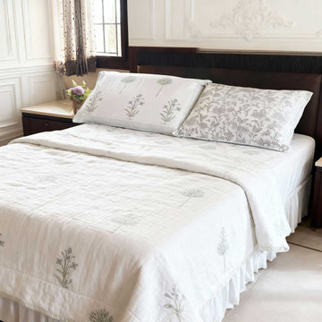 Pastel Green Floral Block Pattern Cotton Printed 3D Dohar - 100 inches x 110 inches