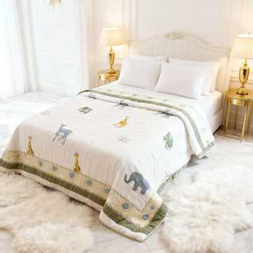 White Animal Prints Kids Single Quilt | Single Sided | 40x60 Inches