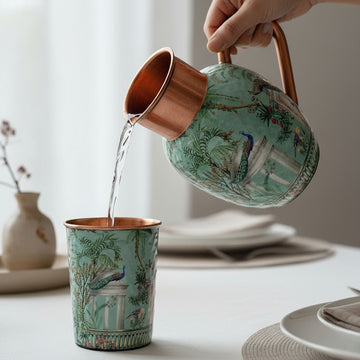 Pastel Green Peacock Pure Copper Jug & Glass Set