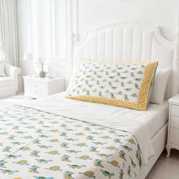 White & Orange Dinosaur Print Kids Single Bedsheet | 60x90 Inches