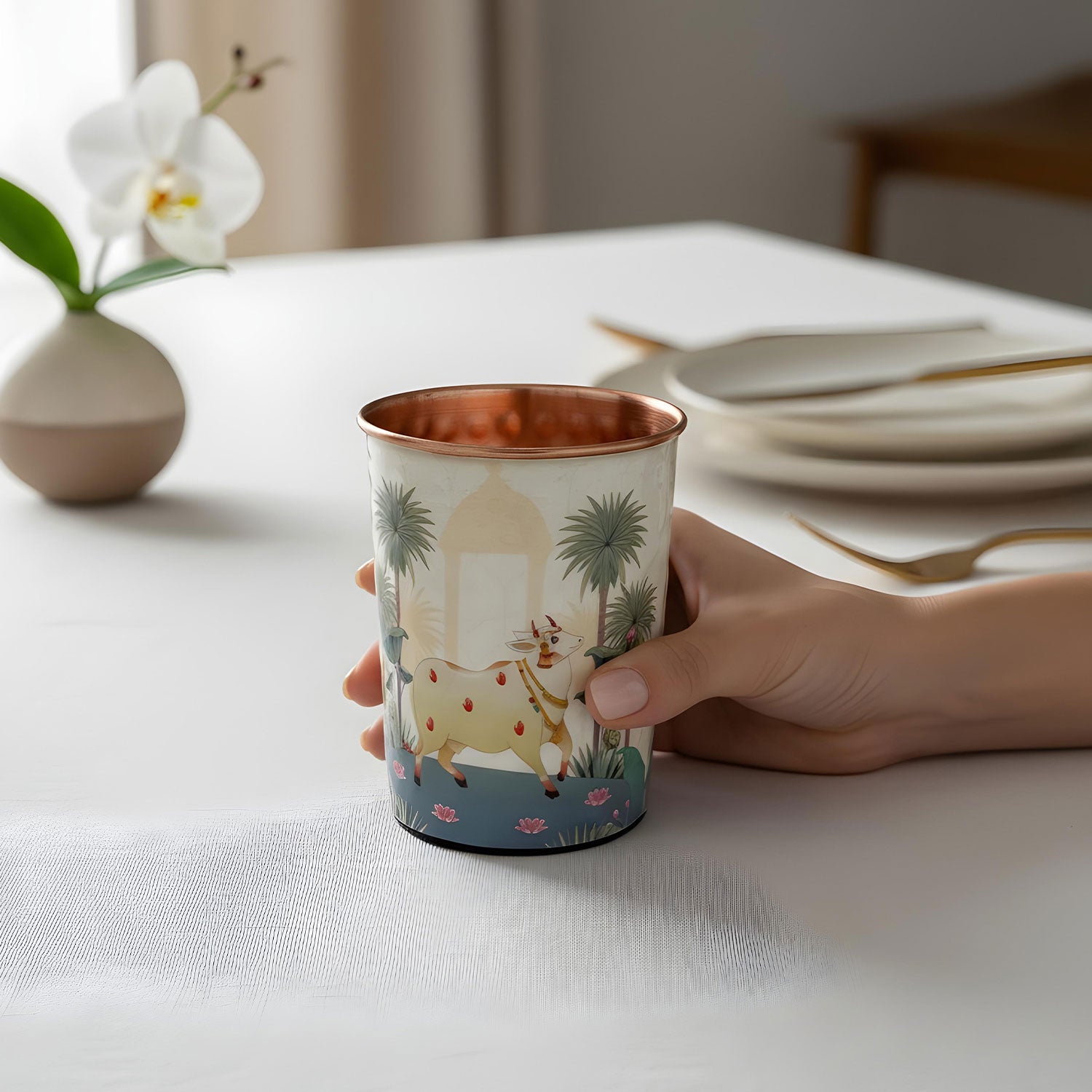 White & Blue Cow Pure Copper Jug & Glass Set