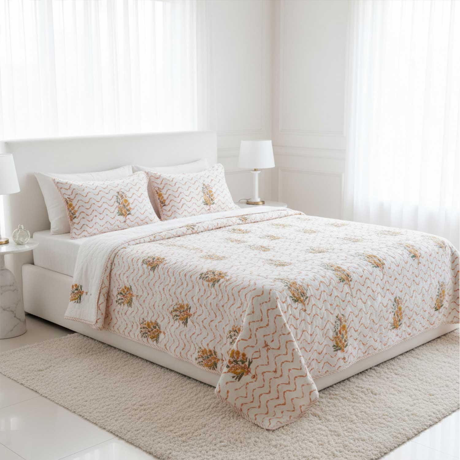 White & Orange Floral Printed Cotton Quilt - 60 inches x 90 inches