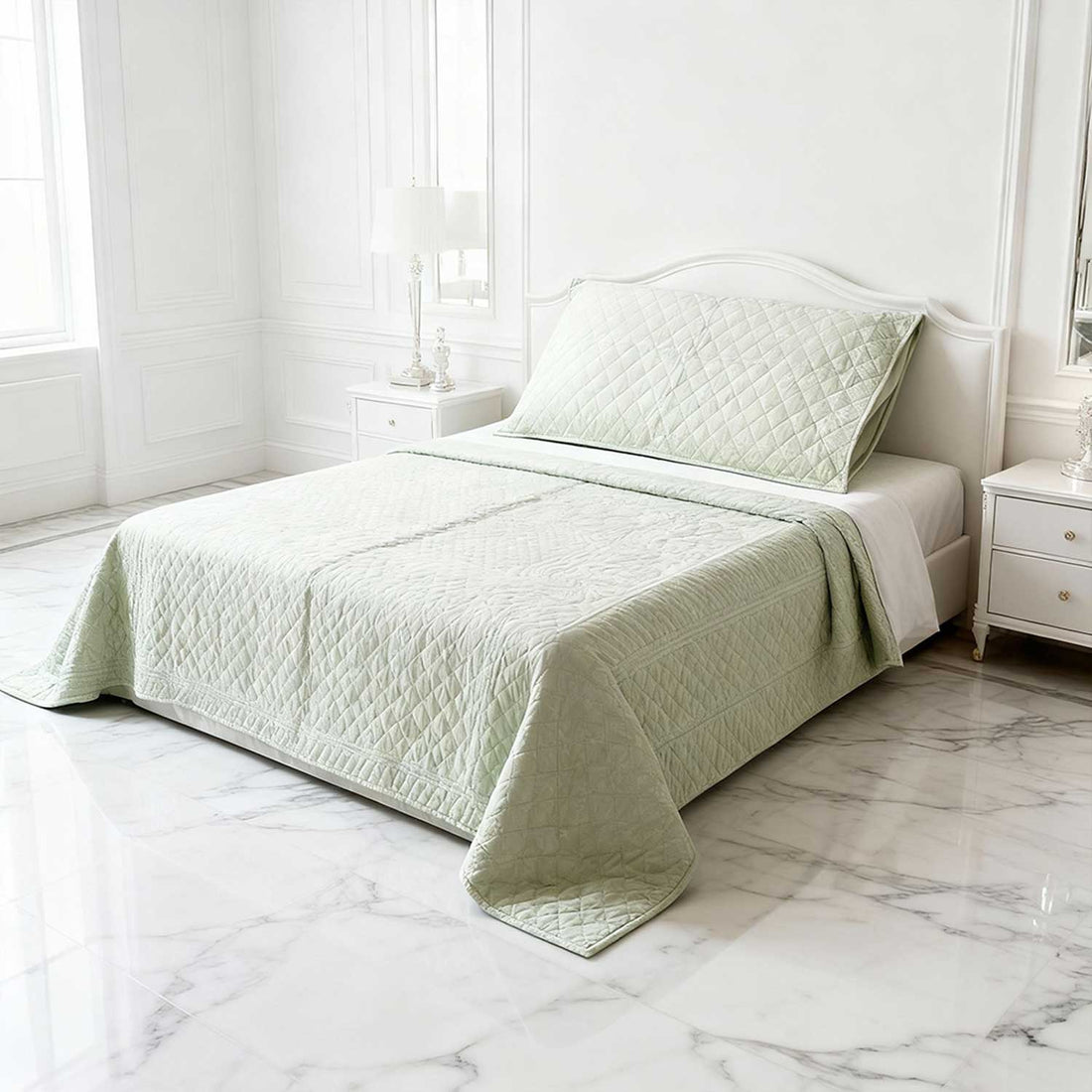 Pastel Green Lattice Bloom Cotton Printed Bedsheet - 100 inches x 110 inches