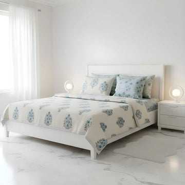 Blue Floral Motifs Cotton Printed Bedsheet - 100 inches x 110 inches