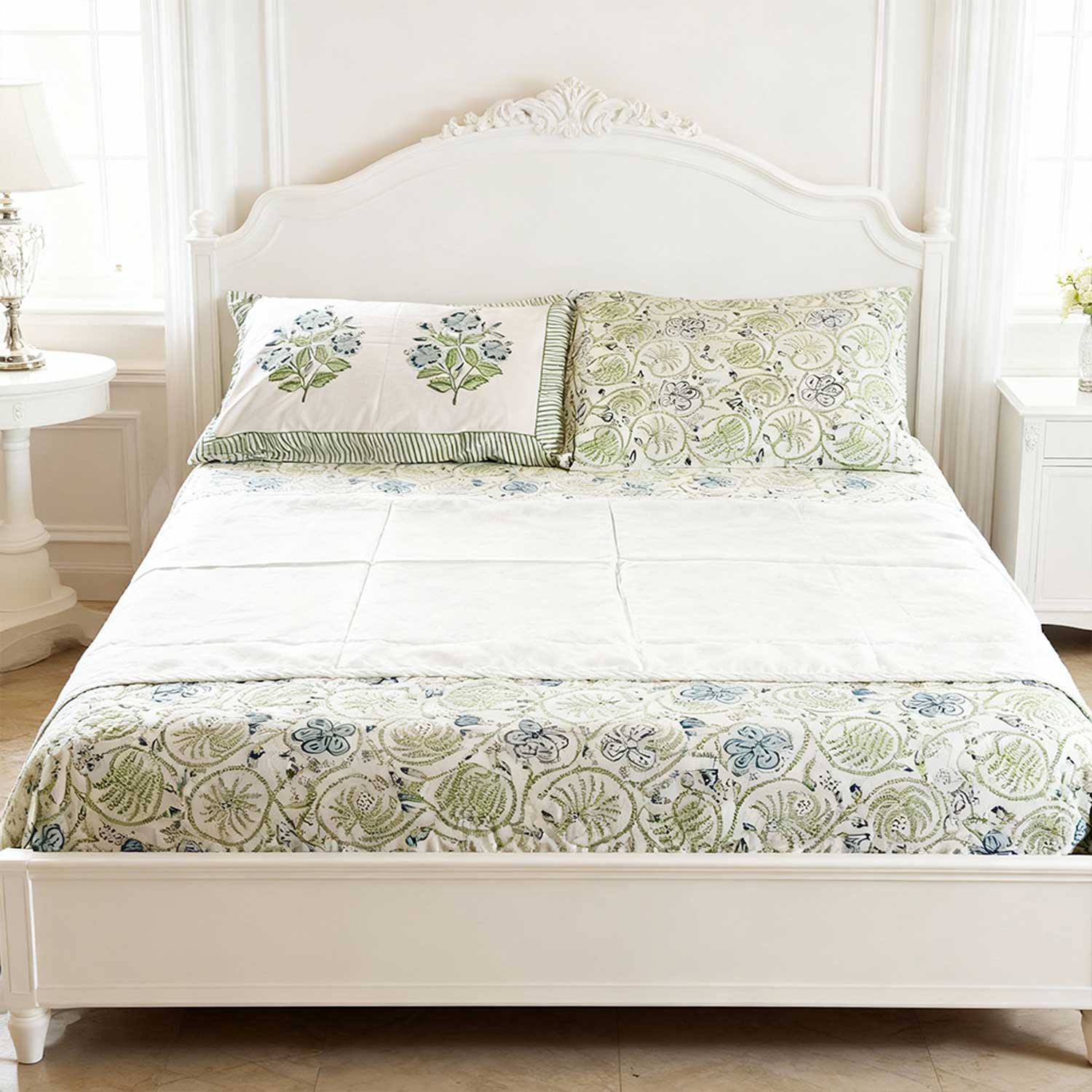 Pastel Green Flower Pattern Cotton Printed 3D Dohar - 100 inches x 110 inches