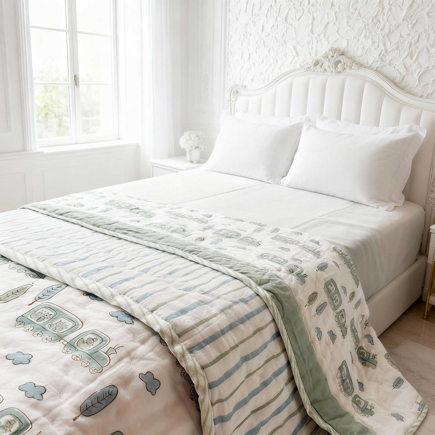 Pastel Green & White Train Print Kids Single Quilt | Single Sided | 40x60 Inches