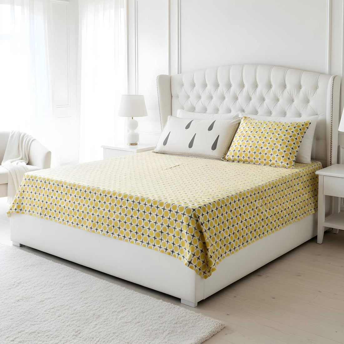 Yellow Circle Pattern Cotton Printed Bedsheet - 100 inches x 110 inches