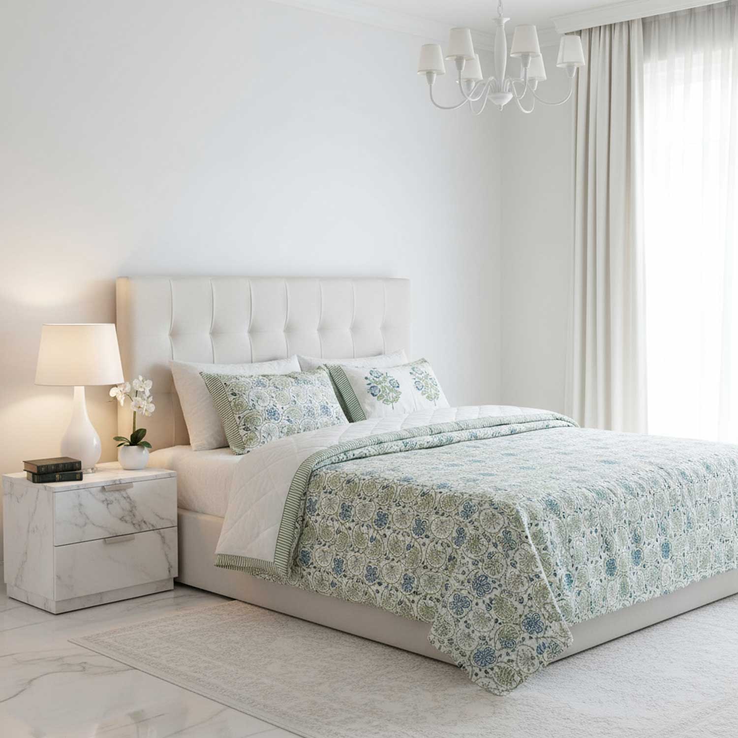 Pastel Green & Blue Floral Cotton Printed Bedsheet - 100 inches x 110 inches