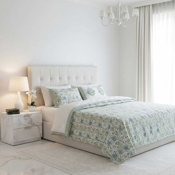 Pastel Green & Blue Floral Cotton Printed Bedsheet - 100 inches x 110 inches
