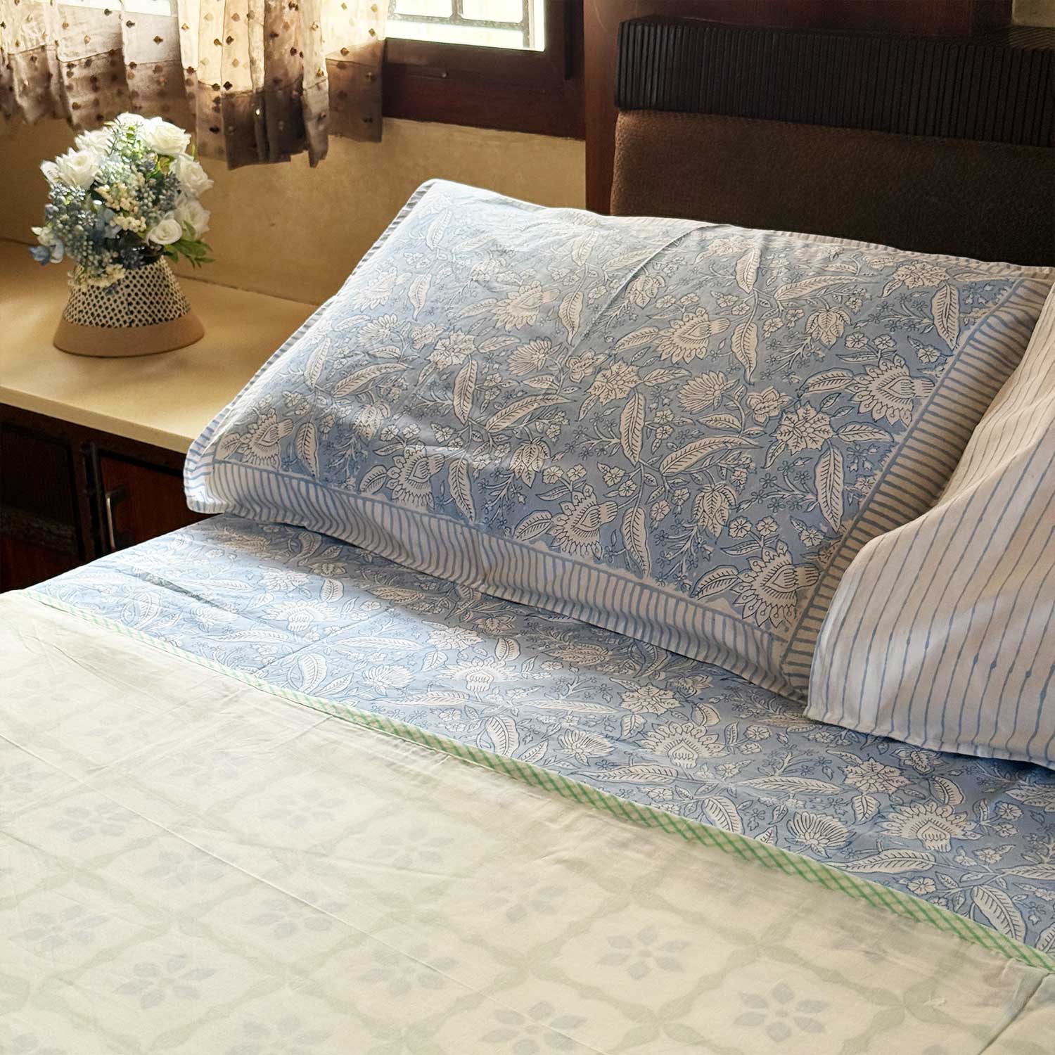 Light Green Freestyle Cotton Printed 3D Dohar - 100 inches x 110 inches