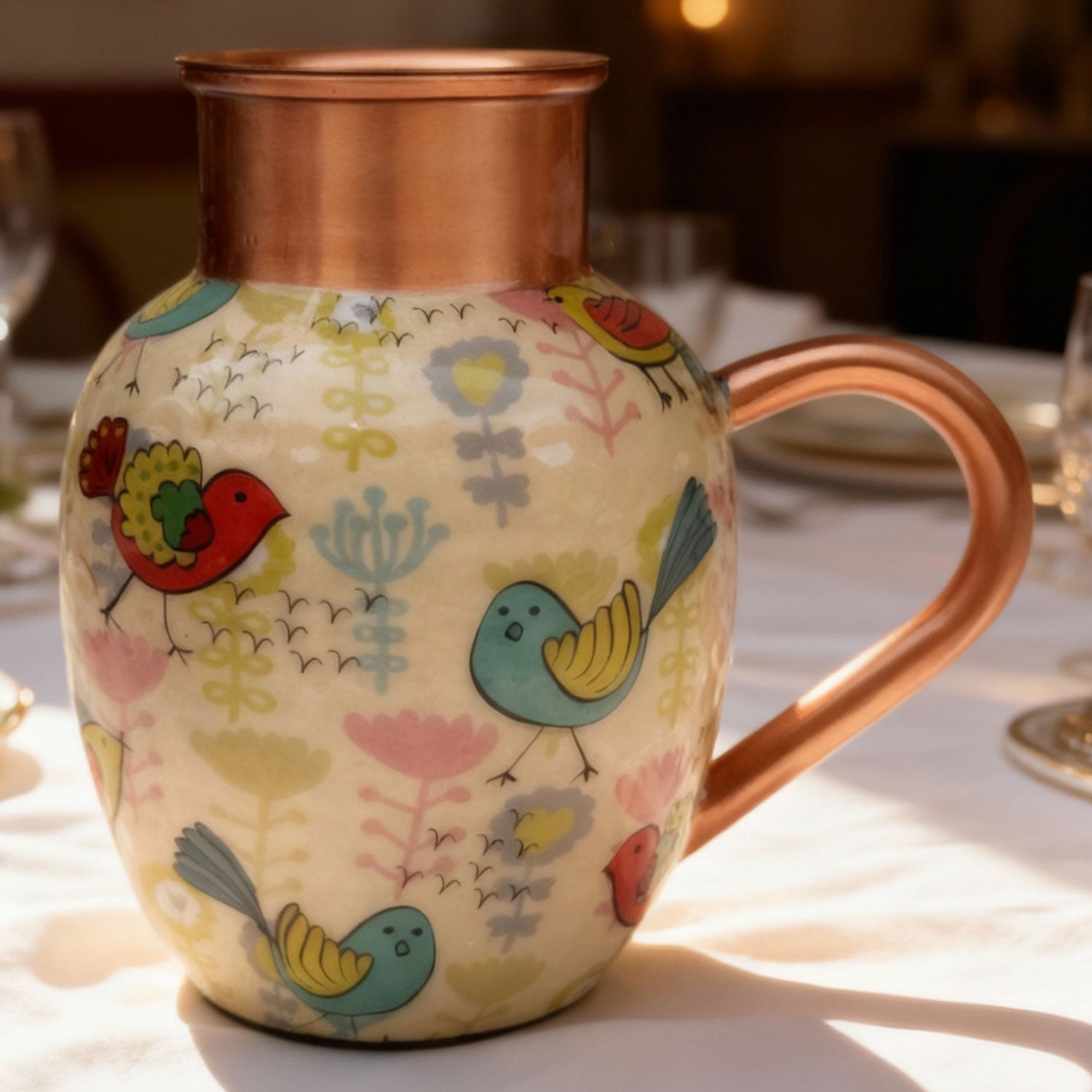 White Birds Pure Copper Jug & Glass Set
