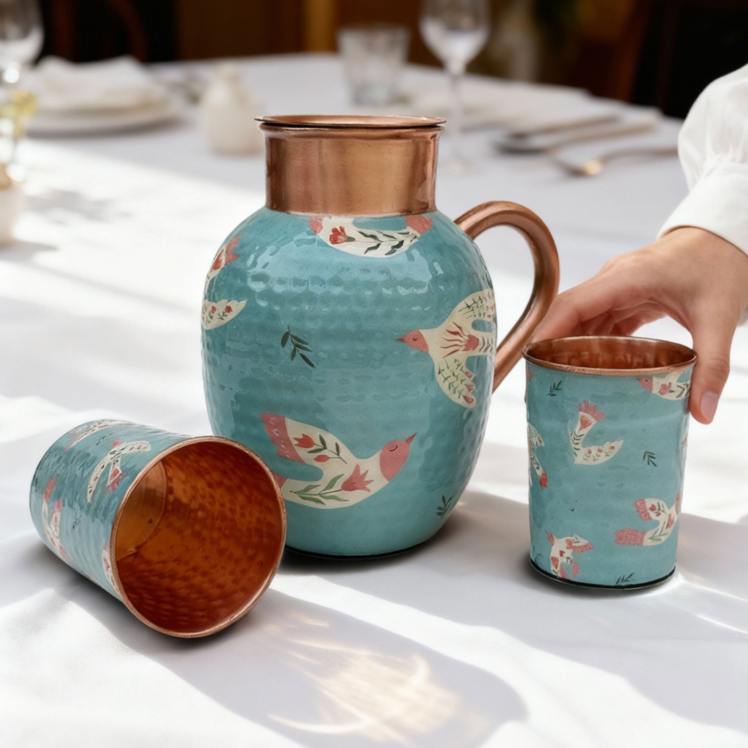 Light Blue Birds Pure Copper Jug & Glass Set