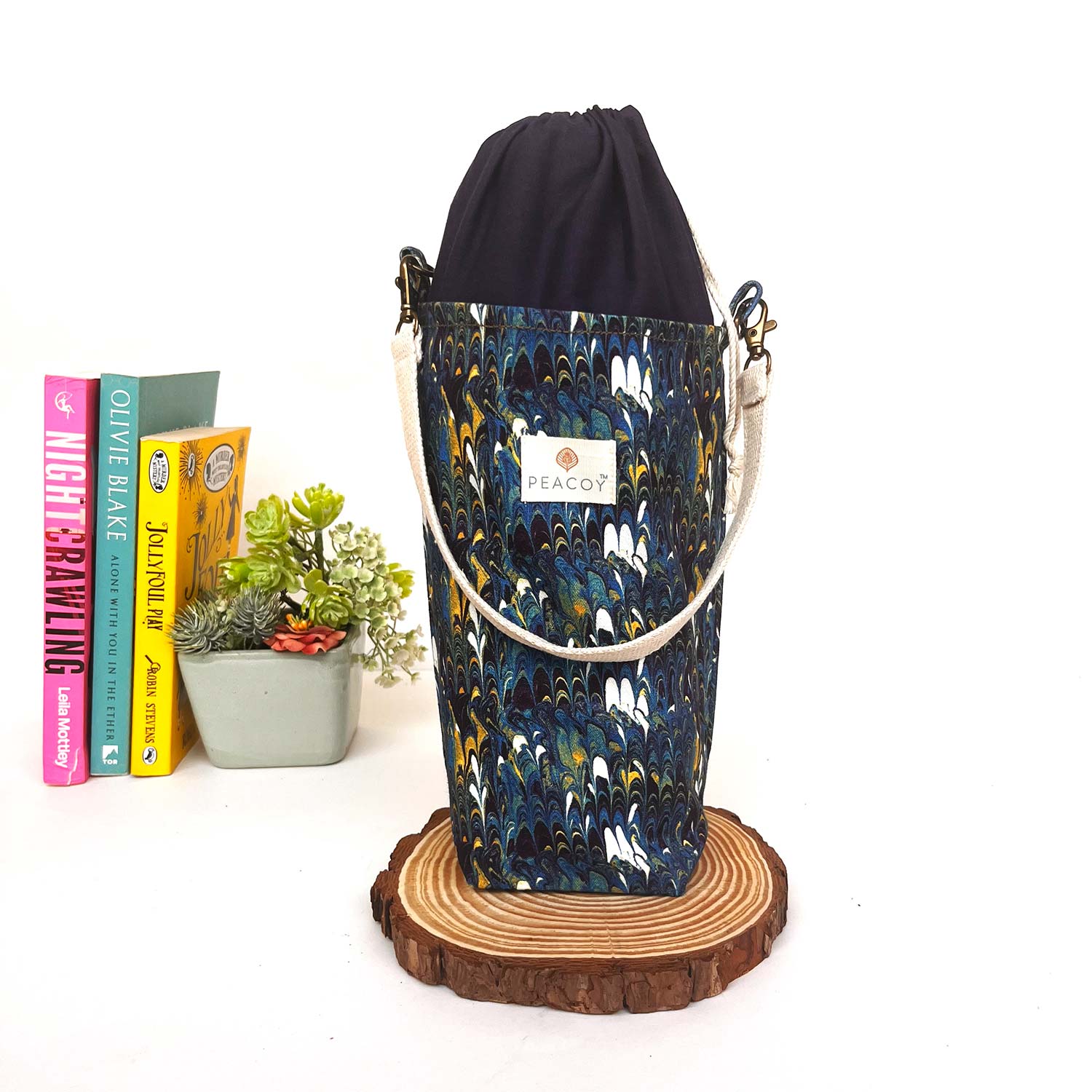 Bottle Cover Blue Abstract Leaf Cotton Canvas |13 x 6 inches | Peacoy