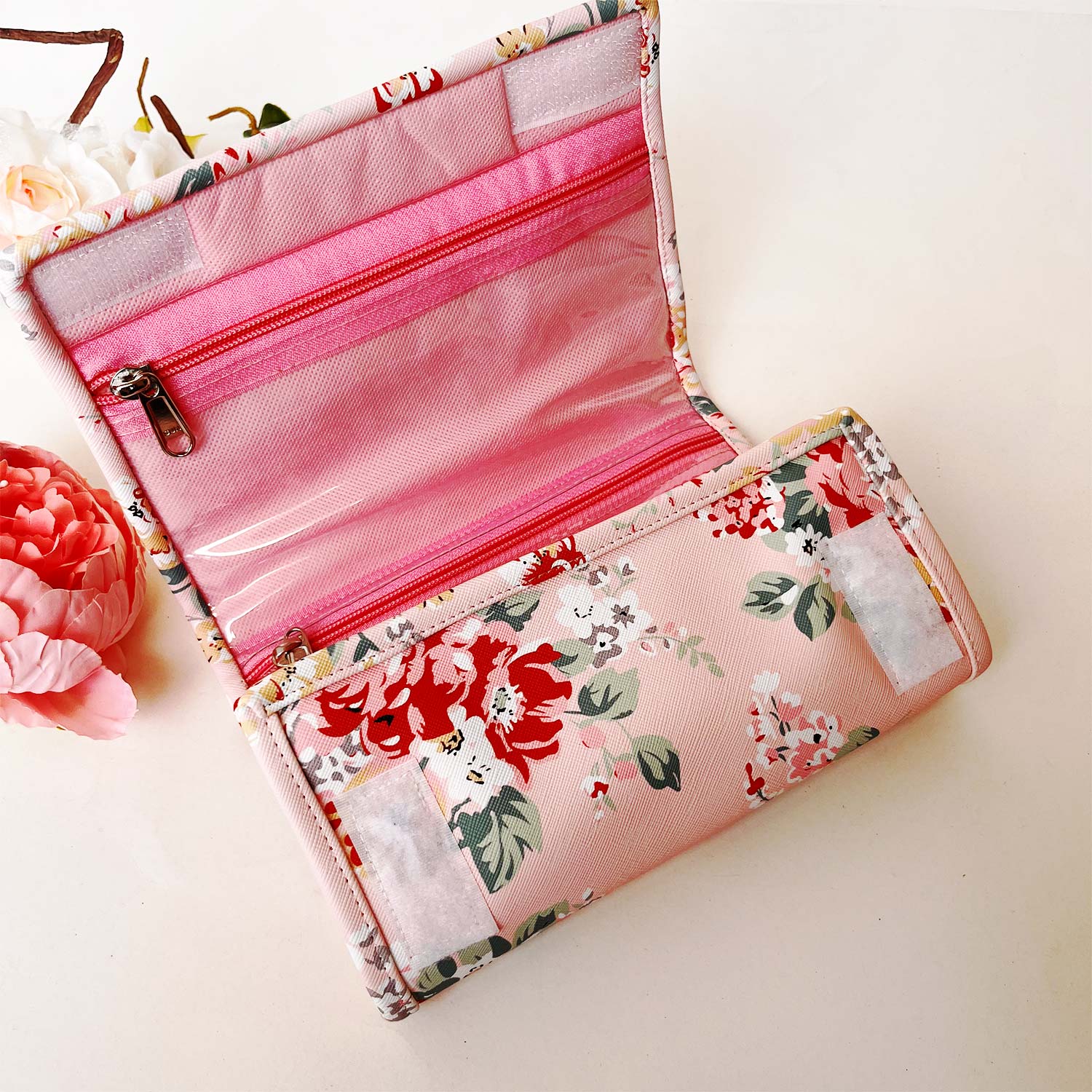 Foldable Travel Kits for Jewellery and Essentials | Pink Flower Design pouch