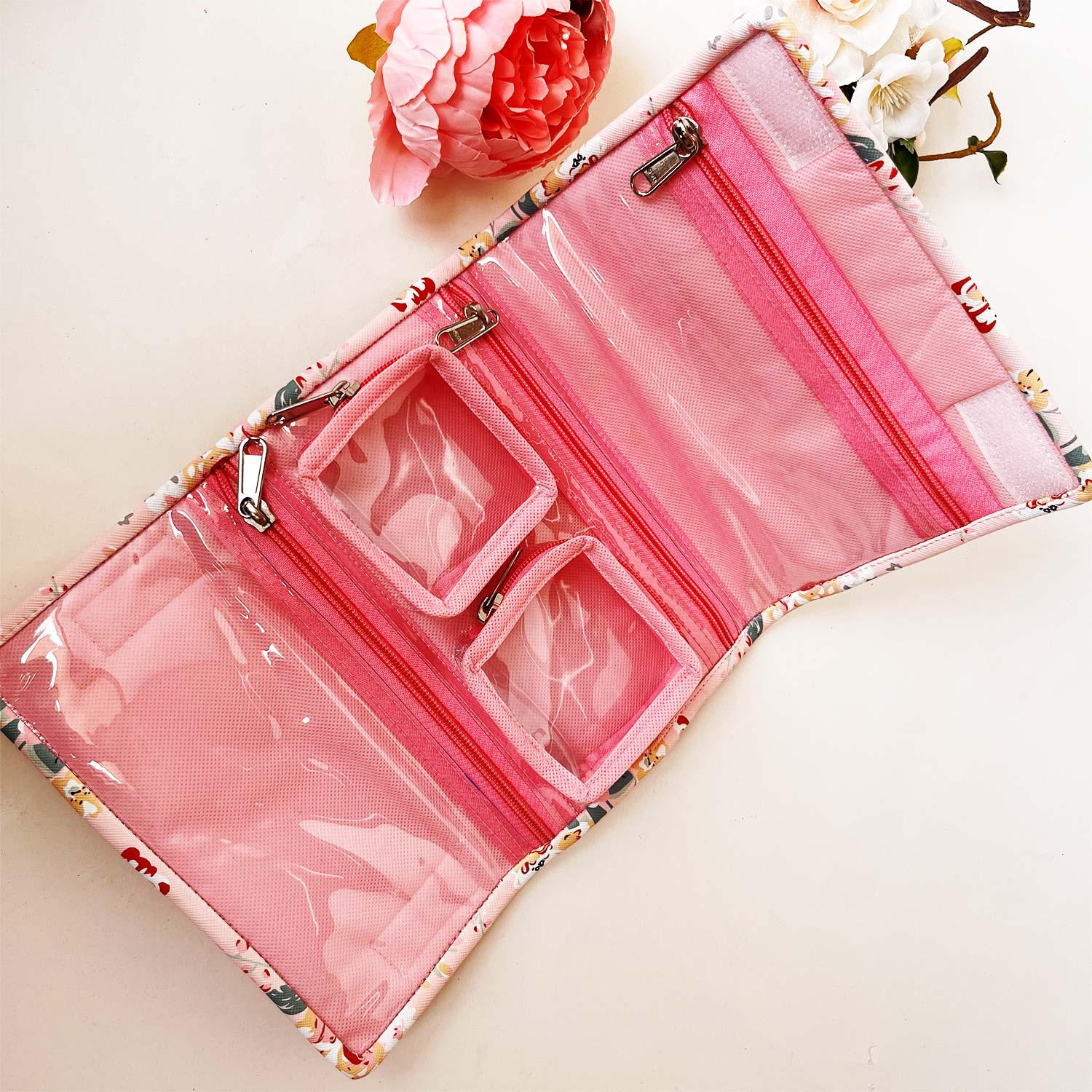Foldable Travel Kits for Jewellery and Essentials | Pink Flower Design pouch