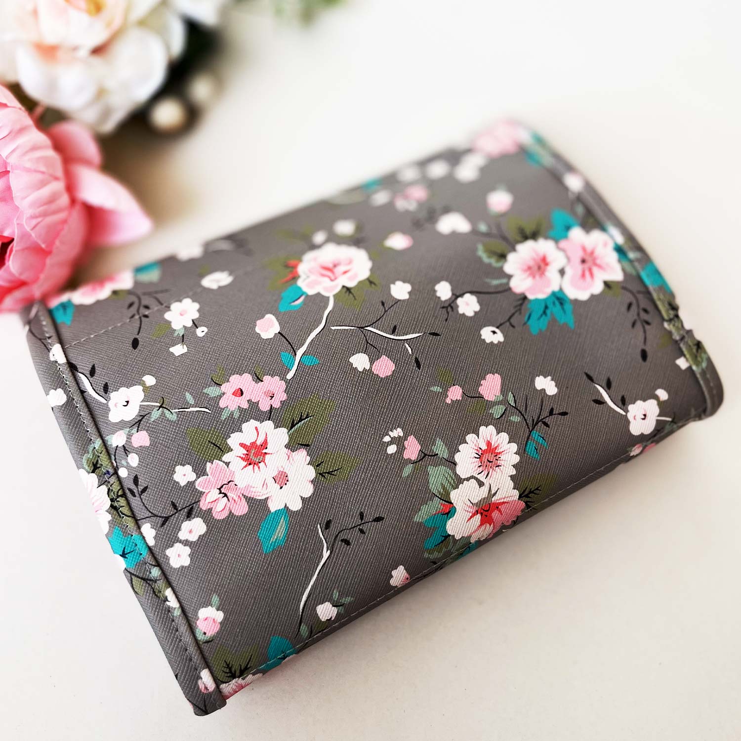 Travel Kits for Cosmetics and Essentials |  Toiletry Bag | Grey Brown Flower Design pouch