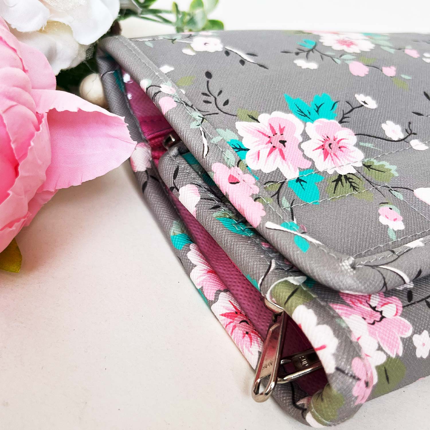 Travel Kits for Cosmetics and Essentials |  Toiletry Bag | Grey Brown Flower Design pouch