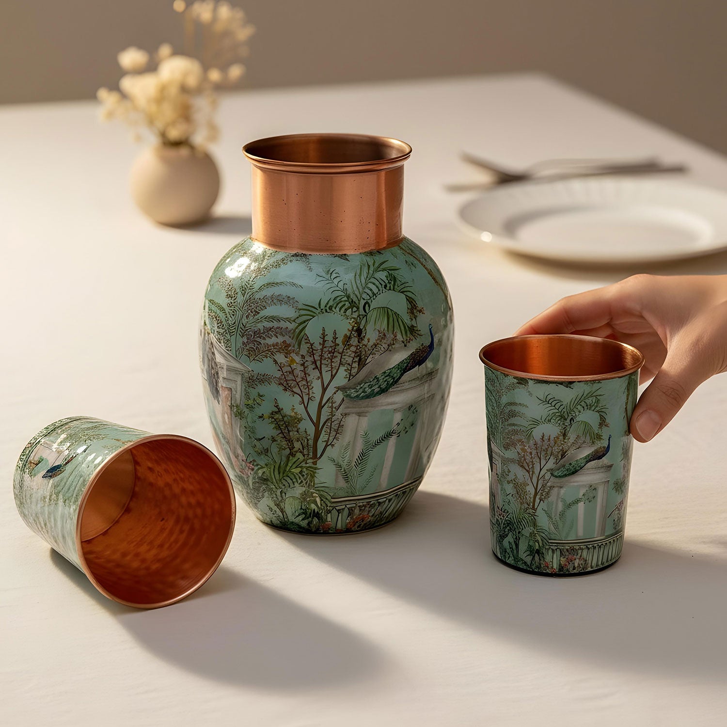 Pastel Green Peacock Pure Copper Jug & Glass Set