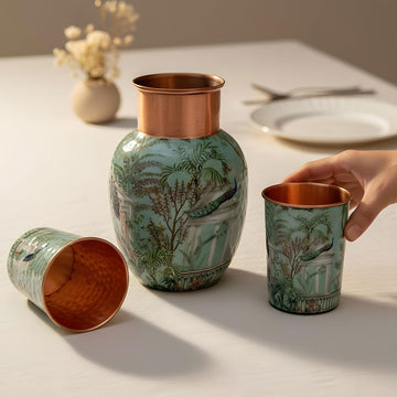 Pastel Green Peacock Pure Copper Jug & Glass Set