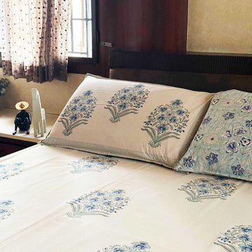 Blue Floral Motifs Cotton Printed Bedsheet - 100 inches x 110 inches