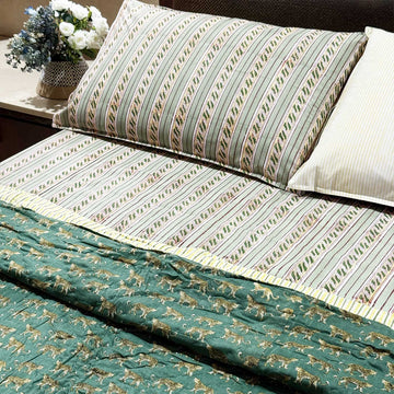 Dark Green Leopard Printed Cotton Bedsheet - 100 inches x 110 inches