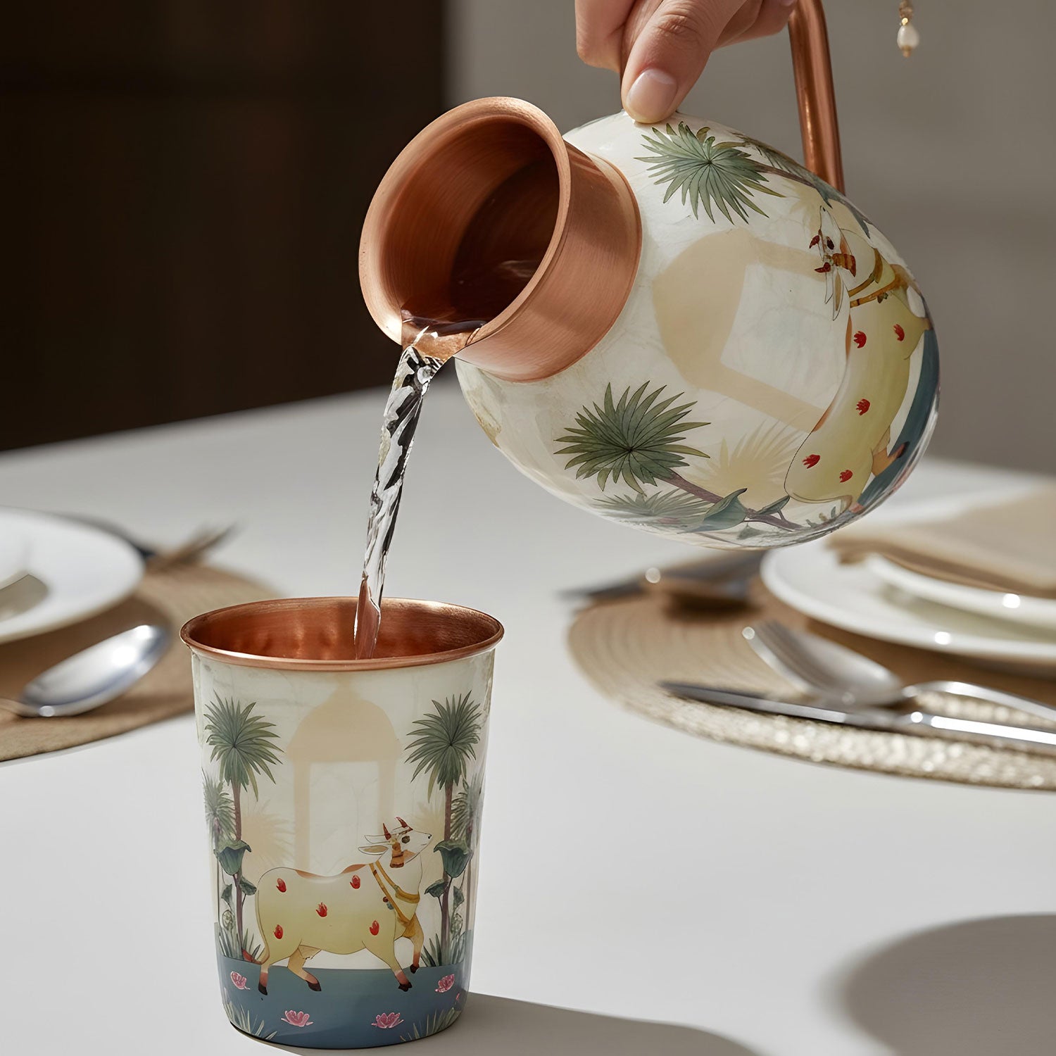 White & Blue Cow Pure Copper Jug & Glass Set