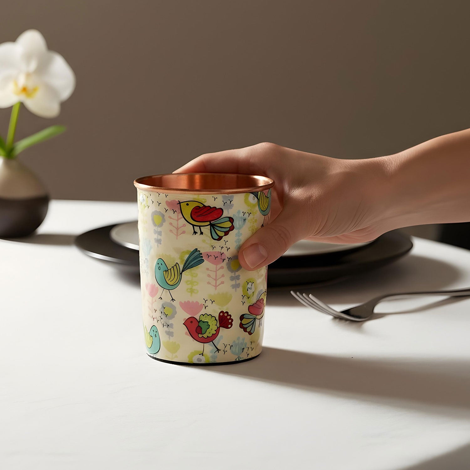 White Birds Pure Copper Jug & Glass Set