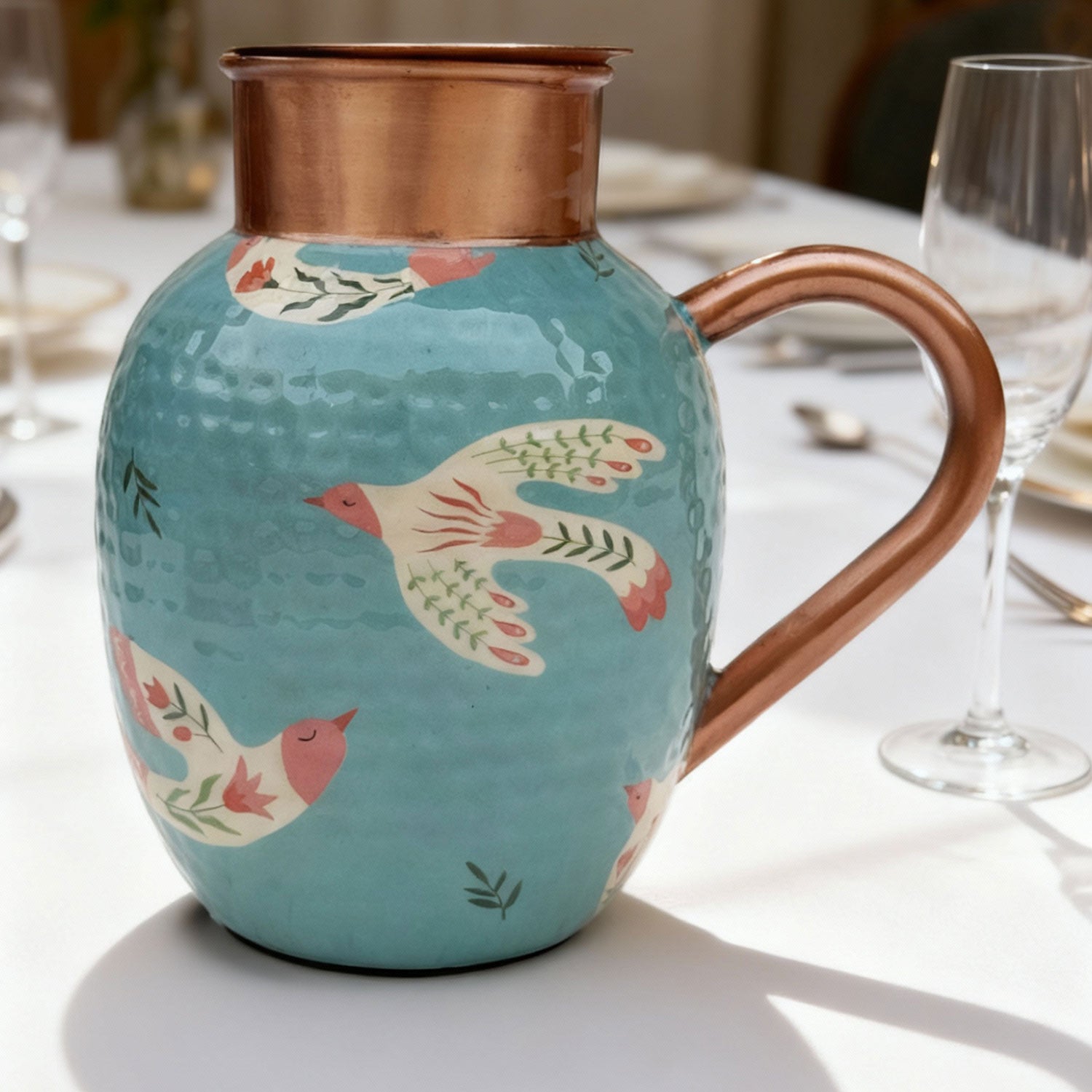 Light Blue Birds Pure Copper Jug & Glass Set