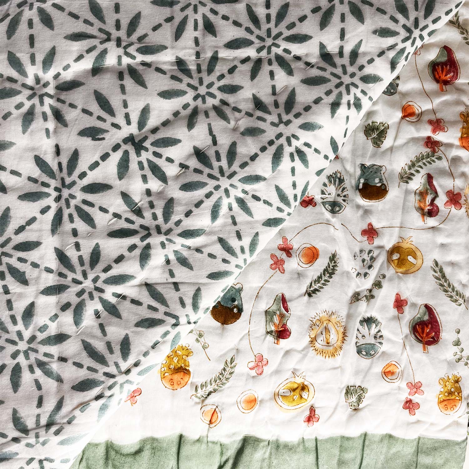 Multi Colour Double Sided Block Printed Cotton Baby Quilt Single 40x60 Inches